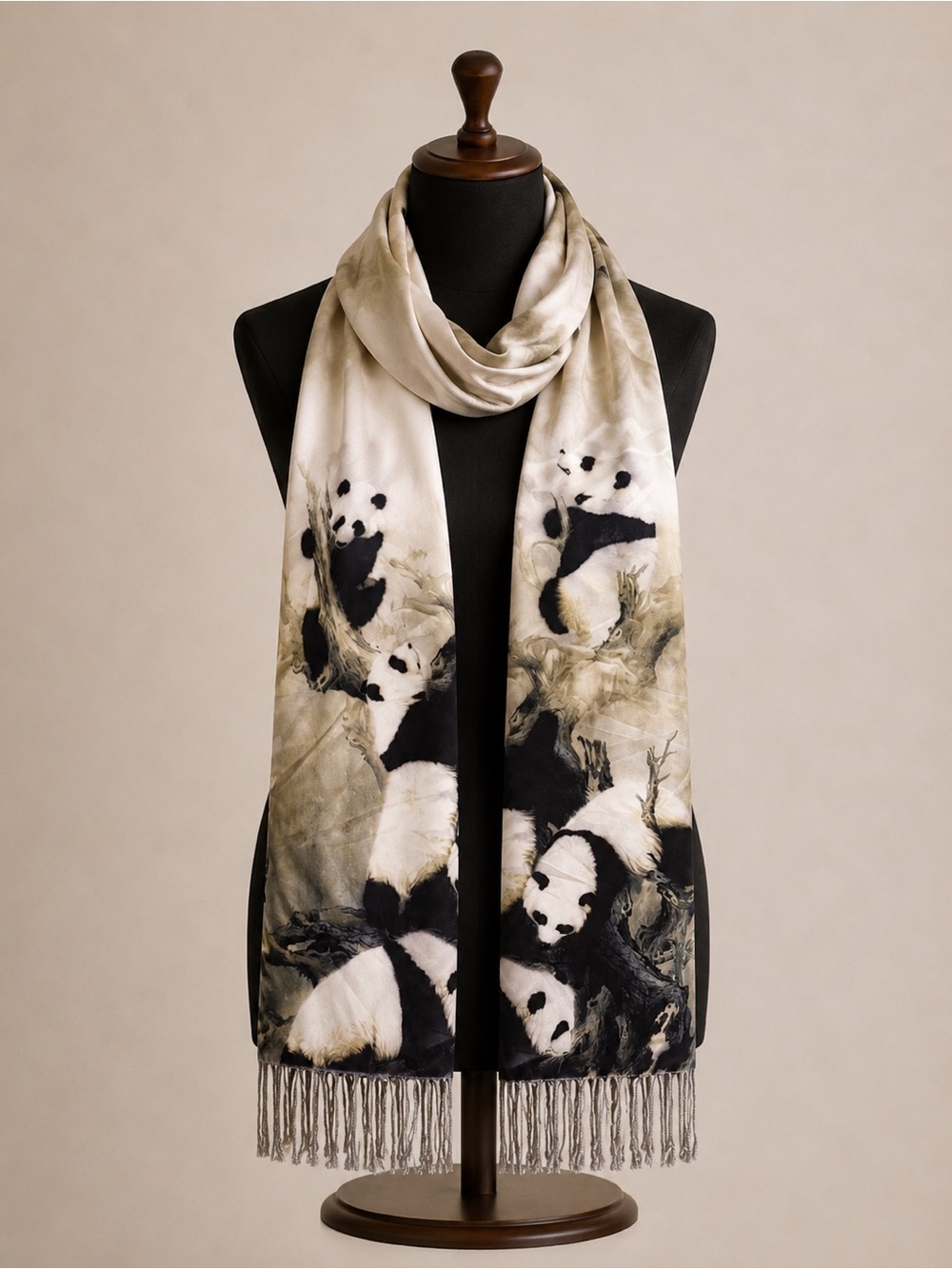 100% Silk Panda Tree Art Print Shaw Wrap Scarf